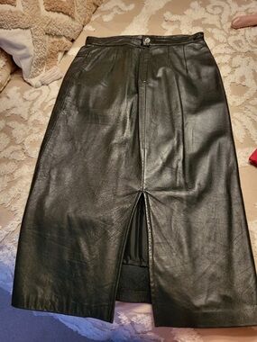 Black Leather Pencil Skirt with Front Vent